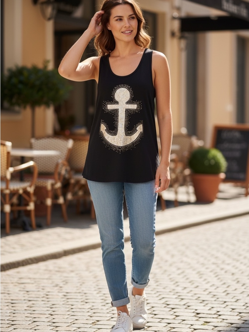 VENUS Small Black Tank Top with Gold Anchor Stud Detail
